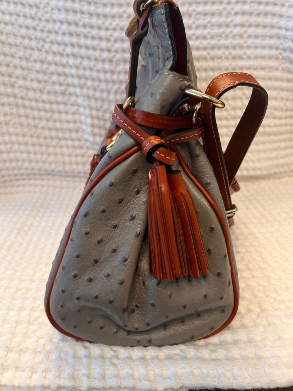 Dooney & Bourke Ostrich Embossed Satchel Gray Tassel Bag Brown Trim Gold Hardwar - Picture 7 of 16